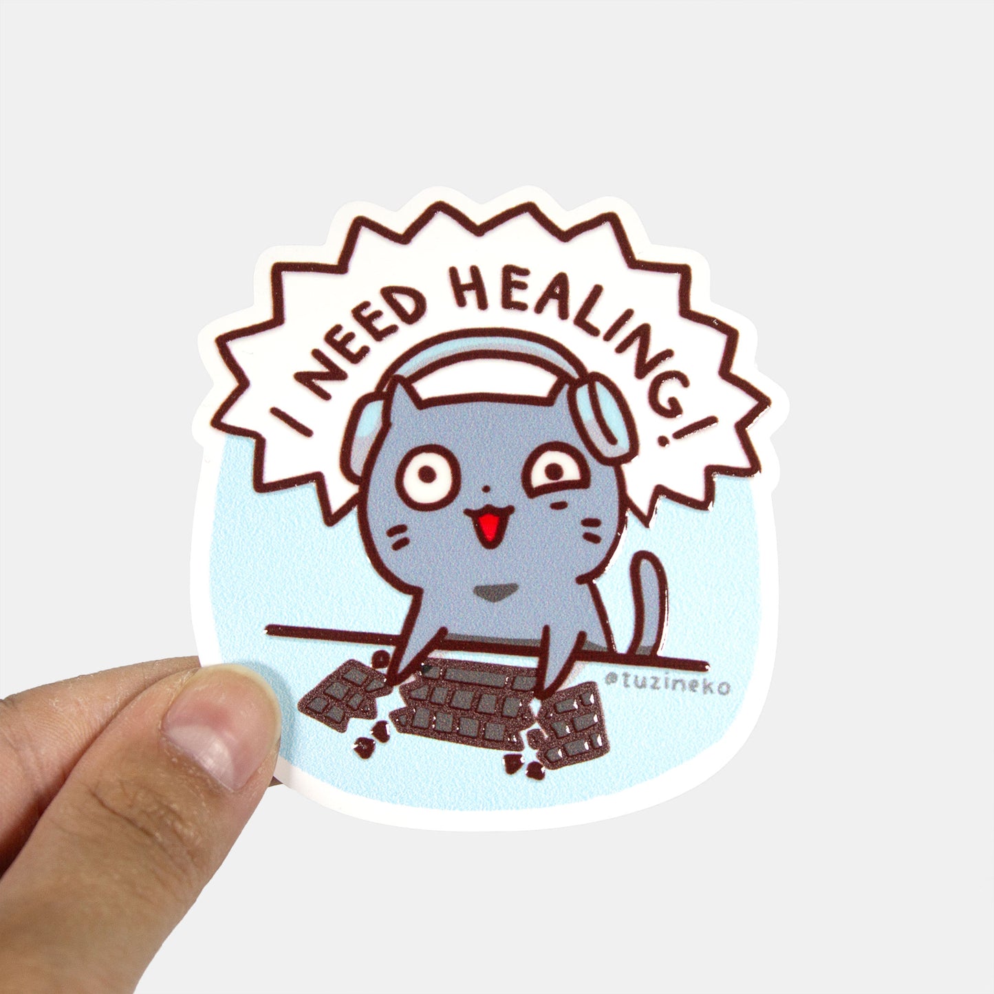 Gaming Neko "I Need Healing!" Matte Waterproof Sticker with Gloss Spot UV