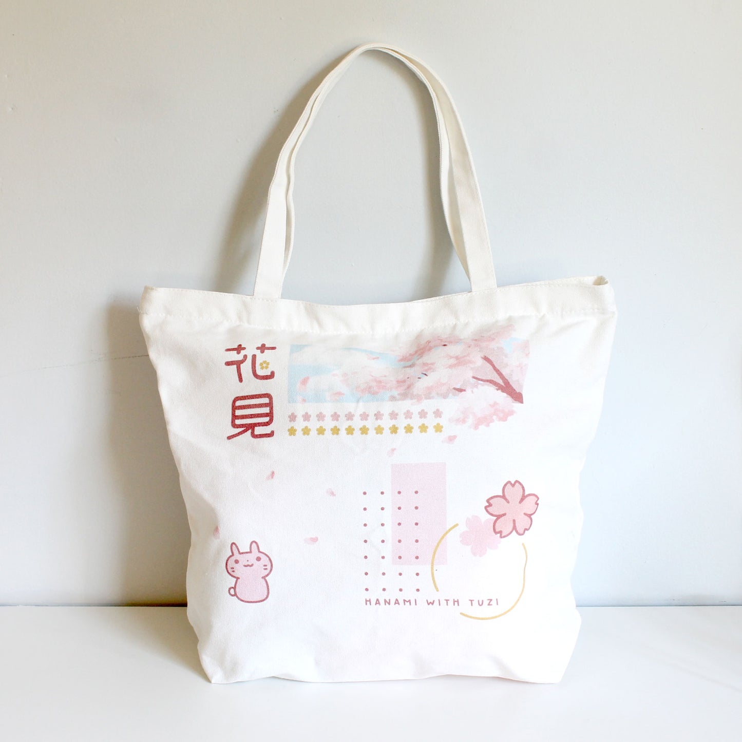 Cherry Blossom "Hanami With Tuzi" Tote Bag With Zipper and Pocket