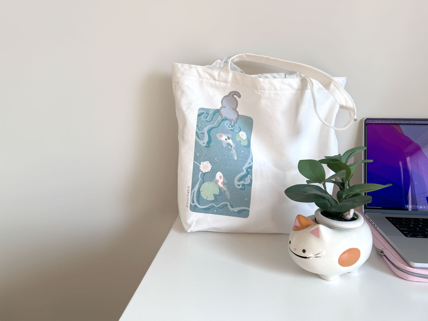 Neko and Koi Tote Bag With Zipper and Pocket